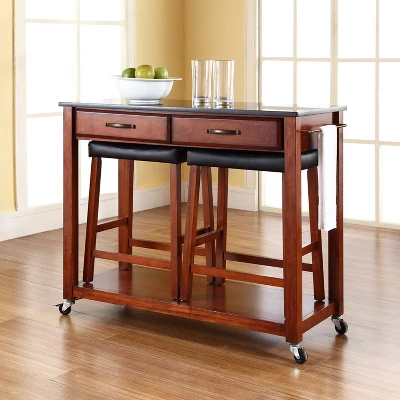 Granite Top Kitchen Prep Cart With 2 Upholstered Saddle Stools Cherry - Crosley 4 Granite Top Kitchen Prep Cart With 2 Upholstered Saddle Stools Cherry - Crosley - Image 2