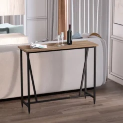 HOMCOM 47.75 Inch Bar Table With Metal Legs, Rustic Industrial Pub Table With Large Tabletop For Home Bar, Kitchen Or Dining Room, Brown