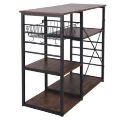 Wood And Metal Bakers Rack With 4 Shelves And Wire Basket Brown/Black - Benzara -Restaurant Furniture Store GUEST 138c4590 ba20 4879 86fe 3e614f8a6f0d