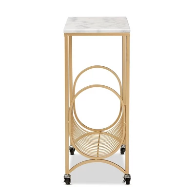 Jacek Metal Wine Cart With Marble Tabletop Gold - Baxton Studio 4 Jacek Metal Wine Cart With Marble Tabletop Gold - Baxton Studio - Image 2
