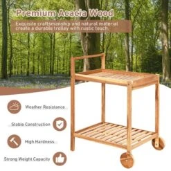 Costway 2-Tier Acacia Rolling Kitchen Trolley Cart Dining Serving Cart Outdoor W/ Wheels -Restaurant Furniture Store GUEST 2b0bd40f 7dcc 454d 9ca8 86d68d5a40ac
