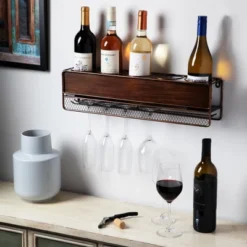 True Wall Mounted Wine Shelf & Stemware Rack, Wood