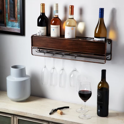 True Wall Mounted Wine Shelf & Stemware Rack, Wood 3 True Wall Mounted Wine Shelf & Stemware Rack, Wood