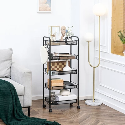 HOMCOM 5 Tier Utility Rolling Cart, Metal Storage Cart, Kitchen Cart With Removable Mesh Baskets, For Living Room, Laundry, Garage And Bathroom, Black 3 HOMCOM 5 Tier Utility Rolling Cart, Metal Storage Cart, Kitchen Cart With Removable Mesh Baskets, For Living Room, Laundry, Garage And Bathroom, Black