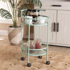 Newell Metal 2 Tier Kitchen Cart Mint Green/Black - Baxton Studio