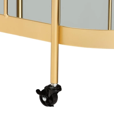 Kamal Glam Brushed Metal And Mirrored Glass 2 Tier Mobile Wine Bar Cart Gold - Baxton Studio 11 Kamal Glam Brushed Metal And Mirrored Glass 2 Tier Mobile Wine Bar Cart Gold - Baxton Studio - Image 9