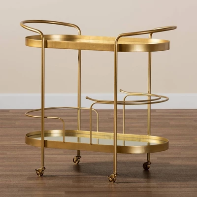 Kamal Glam Brushed Metal And Mirrored Glass 2 Tier Mobile Wine Bar Cart Gold - Baxton Studio 8 Kamal Glam Brushed Metal And Mirrored Glass 2 Tier Mobile Wine Bar Cart Gold - Baxton Studio - Image 6