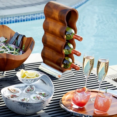 Nambe Handcrafted Acacia Wood Curvo Winery Rack With Alloy Metal Base Modern Design, Holds 4 Bottles, Brown Silver 4 Nambe Handcrafted Acacia Wood Curvo Winery Rack With Alloy Metal Base Modern Design, Holds 4 Bottles, Brown Silver - Image 2