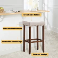 Costway Set Of 4 Nailhead Saddle Bar Stools 29'' Height W/ Fabric Seat & Wood Legs Gray/Beige -Restaurant Furniture Store GUEST 49aaafa7 1218 45a8 aa3b c3640601a2d5