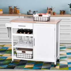 HOMCOM 4-Tier Rolling Kitchen Island Utility Trolley Serving Cart Kitchen Storage Cart W/ Butcher Block Countertop, Drawer