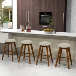Costway Set Of 2 Swivel Bar Stools Upholstered Counter Height Chairs With Rubber Wood Legs