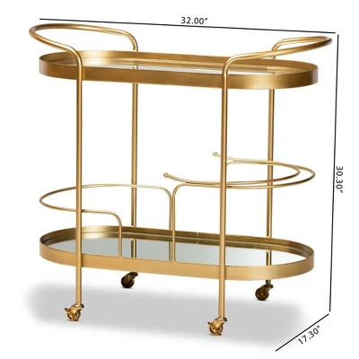 Kamal Glam Brushed Metal And Mirrored Glass 2 Tier Mobile Wine Bar Cart Gold - Baxton Studio 9 Kamal Glam Brushed Metal And Mirrored Glass 2 Tier Mobile Wine Bar Cart Gold - Baxton Studio - Image 7