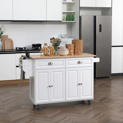 HOMCOM Rolling Kitchen Island On Wheels Utility Cart With Drop-Leaf And Rubber Wood Countertop, Storage Drawers, Door Cabinets, White 4 HOMCOM Rolling Kitchen Island On Wheels Utility Cart With Drop-Leaf And Rubber Wood Countertop, Storage Drawers, Door Cabinets, White - Image 2