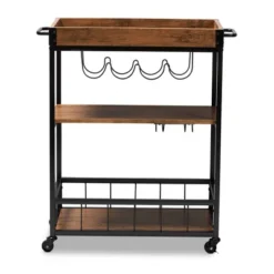 Cerne Oak And Finished Mobile Metal Bar Cart With Wine Bottle Rack Brown - Baxton Studio -Restaurant Furniture Store GUEST 66a3162d 98f2 4158 b431 dfdc602379af