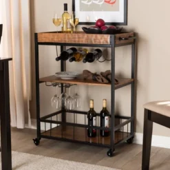 Cerne Oak And Finished Mobile Metal Bar Cart With Wine Bottle Rack Brown - Baxton Studio -Restaurant Furniture Store GUEST 66be3651 75e3 461f a20d dda05114160b