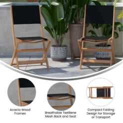 Emma And Oliver Set Of Two Weather Resistant All Natural Acacia Wood Folding Bistro Chairs With Textilene Mesh Seats And Backs -Restaurant Furniture Store GUEST 6c1a6de2 87b9 46ce b439 b49e04866ab6