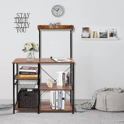 Costway 4-Tier Vintage Kitchen Baker's Rack Utility Microwave Stand W/ Basket & 5 Hooks 5 Costway 4-Tier Vintage Kitchen Baker's Rack Utility Microwave Stand W/ Basket & 5 Hooks - Image 3