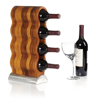 Nambe Handcrafted Acacia Wood Curvo Winery Rack With Alloy Metal Base Modern Design, Holds 4 Bottles, Brown Silver 3 Nambe Handcrafted Acacia Wood Curvo Winery Rack With Alloy Metal Base Modern Design, Holds 4 Bottles, Brown Silver