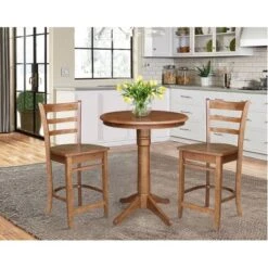 30" Effie Round Pedestal Counter Height Dining Set With 2 Emily Stools Distressed Oak - International Concepts