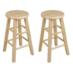 PJ Wood Classic Round-Seat 24" Tall Kitchen Counter Stools For Homes, Dining Spaces, And Bars With Backless Seats, 4 Square Legs, Natural (Set Of 6)
