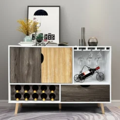 Costway Mid-Century Buffet Sideboard Wooden Storage Cabinet W/ Wine Rack & Glass Holder