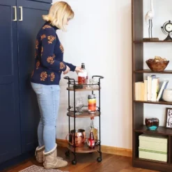 Sunnydaze Decor Sunnydaze Round Metal 3-Tier Bar Cart - Indoor Furniture With Wheels - Brown - 34.5” H -Restaurant Furniture Store GUEST 8b3b3ed3 428e 4f39 aefb 621566c73da0