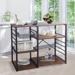 Wood And Metal Bakers Rack With 4 Shelves And Wire Basket Brown/Black - Benzara -Restaurant Furniture Store GUEST 95eb2ce4 d59f 45a6 85a9 d9cb36f56ba4