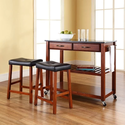 Granite Top Kitchen Prep Cart With 2 Upholstered Saddle Stools Cherry - Crosley 3 Granite Top Kitchen Prep Cart With 2 Upholstered Saddle Stools Cherry - Crosley