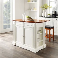 Coventry Drop Leaf Top Kitchen Island With Upholstered Square Stools White - Crosley