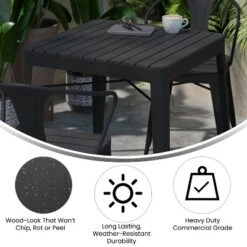 Merrick Lane 31.5" Square Indoor/Outdoor Black Steel Patio Dining Table For 4 With Black Poly Resin Slatted Top -Restaurant Furniture Store GUEST ae95efa3 ef02 4cf2 94db 76e57a4f61a0