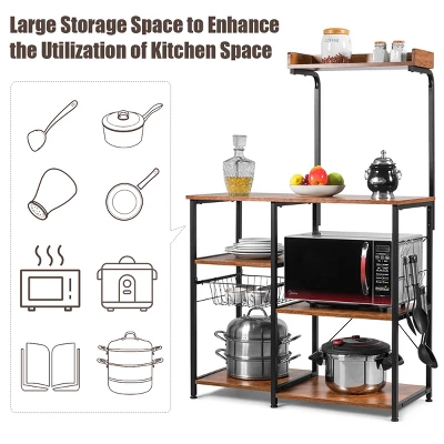 Costway 4-Tier Vintage Kitchen Baker's Rack Utility Microwave Stand W/ Basket & 5 Hooks 7 Costway 4-Tier Vintage Kitchen Baker's Rack Utility Microwave Stand W/ Basket & 5 Hooks - Image 5