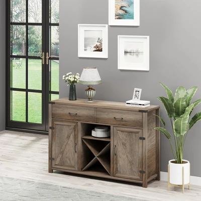 HOMCOM Wooden Farmhouse Sideboard, Storage Buffet Cabinet With 2 Large Drawers, X-Shaped Wine Rack, And Cabinets, Distressed Brown 4 HOMCOM Wooden Farmhouse Sideboard, Storage Buffet Cabinet With 2 Large Drawers, X-Shaped Wine Rack, And Cabinets, Distressed Brown - Image 2