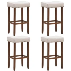 Costway Set Of 4 Nailhead Saddle Bar Stools 29'' Height W/ Fabric Seat & Wood Legs Gray/Beige -Restaurant Furniture Store GUEST b509bf06 574f 4ccb b9a2 2b4452364ba1
