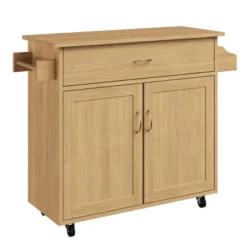 Kitchen Island With Spice Rack And Storage Cabinet - Rolling Cart With Drawers To Use As Coffee Bar, Microwave Stand, Or Storage By Lavish Home (Oak)