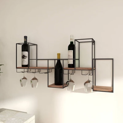 Metal Geometric 7 Bottle Wall Wine Rack With 5 Glass Holder Slots Black - Olivia & May 10 Metal Geometric 7 Bottle Wall Wine Rack With 5 Glass Holder Slots Black - Olivia & May - Image 8