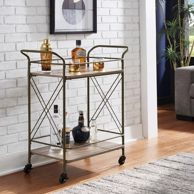 Keene Bronze Finish And Wood Double Cross Bar Cart Bronze/Walnut - Inspire Q 3 Keene Bronze Finish And Wood Double Cross Bar Cart Bronze/Walnut - Inspire Q