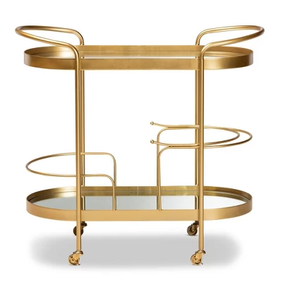Kamal Glam Brushed Metal And Mirrored Glass 2 Tier Mobile Wine Bar Cart Gold - Baxton Studio 3 Kamal Glam Brushed Metal And Mirrored Glass 2 Tier Mobile Wine Bar Cart Gold - Baxton Studio
