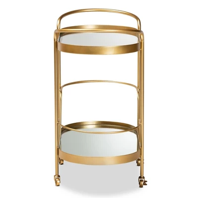 Kamal Glam Brushed Metal And Mirrored Glass 2 Tier Mobile Wine Bar Cart Gold - Baxton Studio 4 Kamal Glam Brushed Metal And Mirrored Glass 2 Tier Mobile Wine Bar Cart Gold - Baxton Studio - Image 2