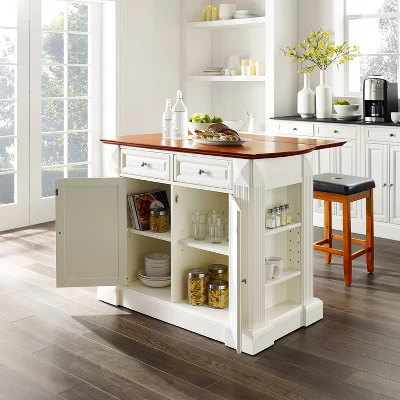 Coventry Drop Leaf Top Kitchen Island With Upholstered Square Stools White - Crosley 3 Coventry Drop Leaf Top Kitchen Island With Upholstered Square Stools White - Crosley - Image 2