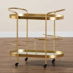 Kamal Glam Brushed Metal And Mirrored Glass 2 Tier Mobile Wine Bar Cart Gold - Baxton Studio 29 Kamal Glam Brushed Metal And Mirrored Glass 2 Tier Mobile Wine Bar Cart Gold - Baxton Studio -Restaurant Furniture Store GUEST cec5221e 8a4a 40ff bd36 045de721c876