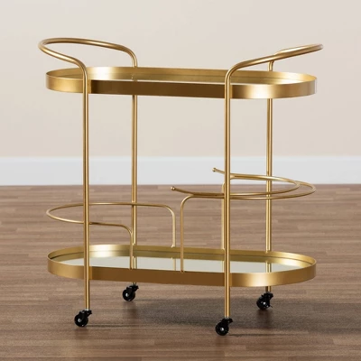 Kamal Glam Brushed Metal And Mirrored Glass 2 Tier Mobile Wine Bar Cart Gold - Baxton Studio 15 Kamal Glam Brushed Metal And Mirrored Glass 2 Tier Mobile Wine Bar Cart Gold - Baxton Studio - Image 13