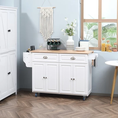 HOMCOM Rolling Kitchen Island On Wheels Utility Cart With Drop-Leaf And Rubber Wood Countertop, Storage Drawers, Door Cabinets, White 3 HOMCOM Rolling Kitchen Island On Wheels Utility Cart With Drop-Leaf And Rubber Wood Countertop, Storage Drawers, Door Cabinets, White