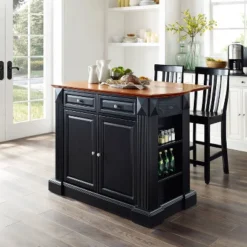 Coventry Drop Leaf Top Kitchen Island With School House Stools Black - Crosley