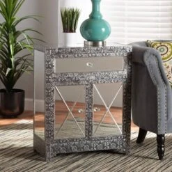 Wycliff Metal And Mirrored Glass 1 Drawer Sideboard Buffet Dark Gray/Silver - Baxton Studio