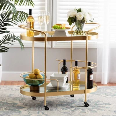 Kamal Glam Brushed Metal And Mirrored Glass 2 Tier Mobile Wine Bar Cart Gold - Baxton Studio 17 Kamal Glam Brushed Metal And Mirrored Glass 2 Tier Mobile Wine Bar Cart Gold - Baxton Studio - Image 15