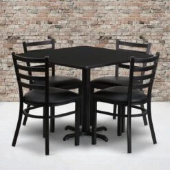 Flash Furniture 36'' Square Black Laminate Table Set With X-Base And 4 Ladder Back Metal Chairs - Black Vinyl Seat