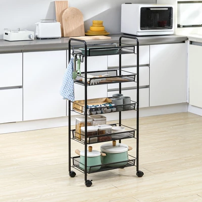 HOMCOM 5 Tier Utility Rolling Cart, Metal Storage Cart, Kitchen Cart With Removable Mesh Baskets, For Living Room, Laundry, Garage And Bathroom, Black 4 HOMCOM 5 Tier Utility Rolling Cart, Metal Storage Cart, Kitchen Cart With Removable Mesh Baskets, For Living Room, Laundry, Garage And Bathroom, Black - Image 2