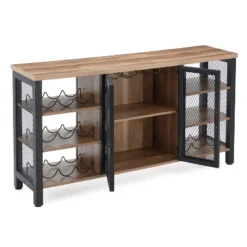 Jomeed Modern Industrial Farmhouse Metal Frame Wooden Buffet Coffee Entertainment Cabinet With Removable Wine Bottle And Stemware Racks