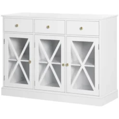 HOMCOM 45" Farmhouse Style Kitchen Sideboard, Serving Buffet Cabinet, Storage Cupboard With Glass Doors And 3 Drawers, White -Restaurant Furniture Store GUEST f6116e70 a051 41e8 9620 be03f93ca455