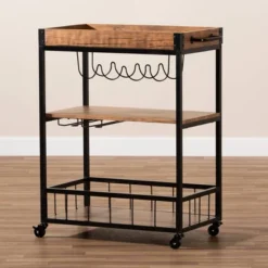 Cerne Oak And Finished Mobile Metal Bar Cart With Wine Bottle Rack Brown - Baxton Studio -Restaurant Furniture Store GUEST fa213c69 b13a 4c71 a88c 61c1a5369f43